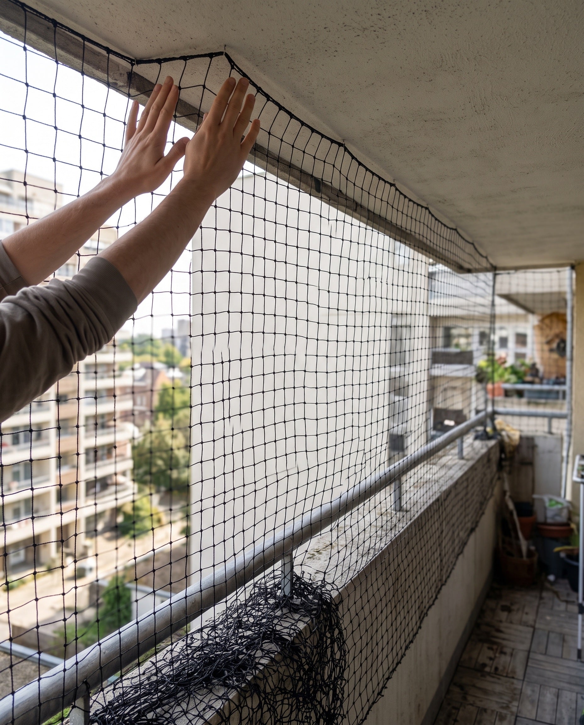 Hände streichen das Netz oben am Balkon glatt