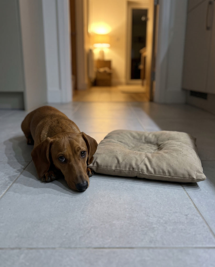 Dackel liegt auf kalten Fliesen neben einem platten alten Kissen