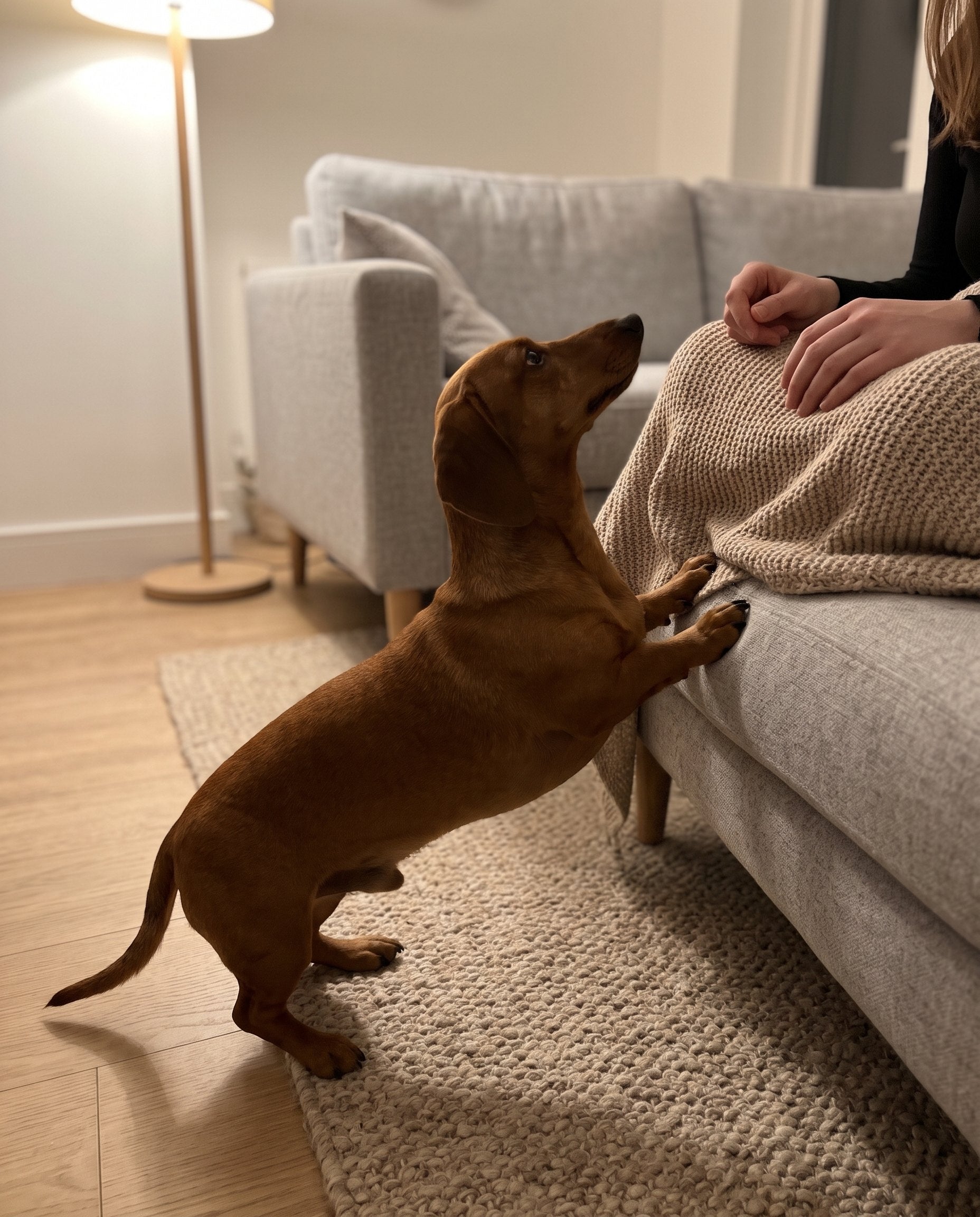 Dackel stellt sich am Sofa hoch und will zu seiner Halterin