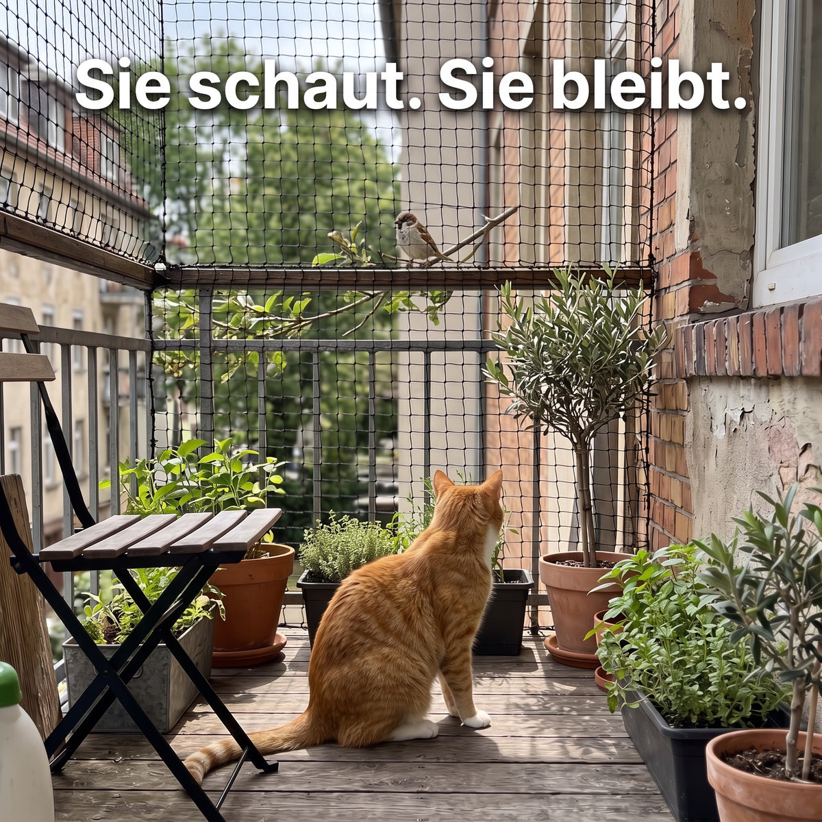 Katze schaut einem Spatz hinter dem Netz zu: Sie schaut. Sie bleibt.