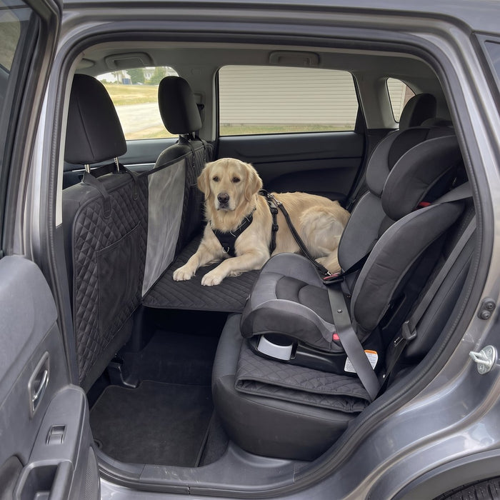 Kundenfoto: eine Seite der Lovypaw Cabin umgeklappt, Kindersitz darauf, Golden Retriever angeschnallt auf der anderen Hälfte