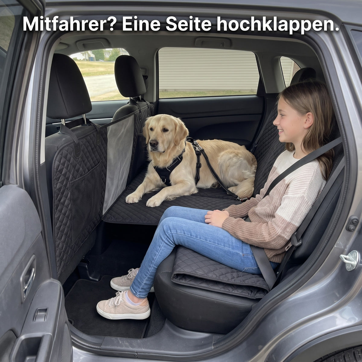 Eine Seite der Lovypaw Cabin umgeklappt: ein Mädchen sitzt angeschnallt darauf, der Golden Retriever liegt angeschnallt auf der anderen Hälfte
