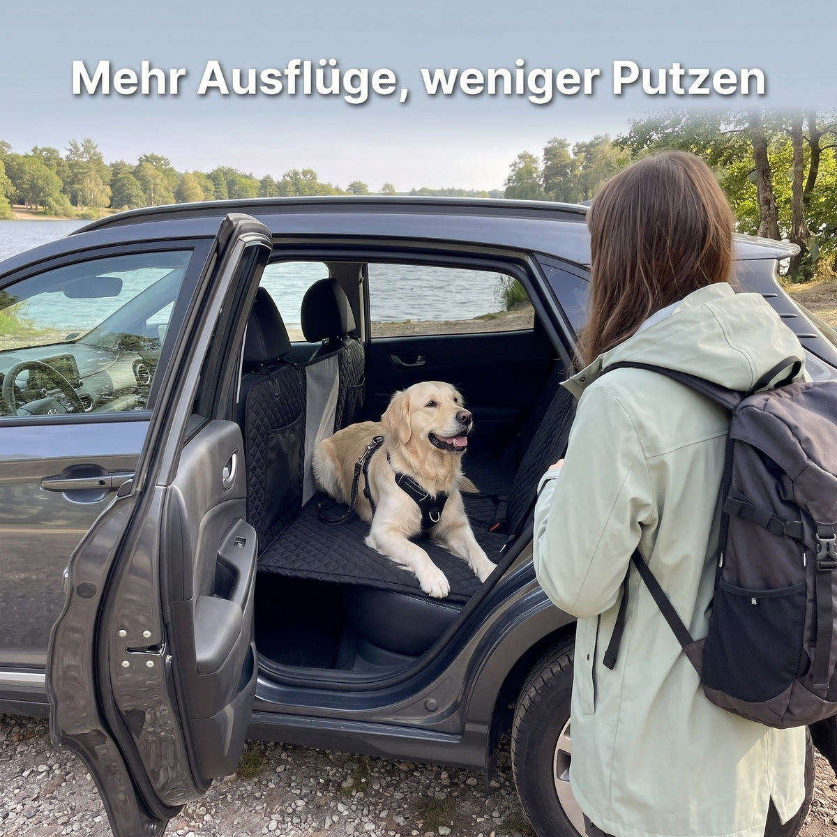 Frau mit Rucksack am offenen Auto, Golden Retriever liegt auf der Lovypaw Cabin, See im Hintergrund