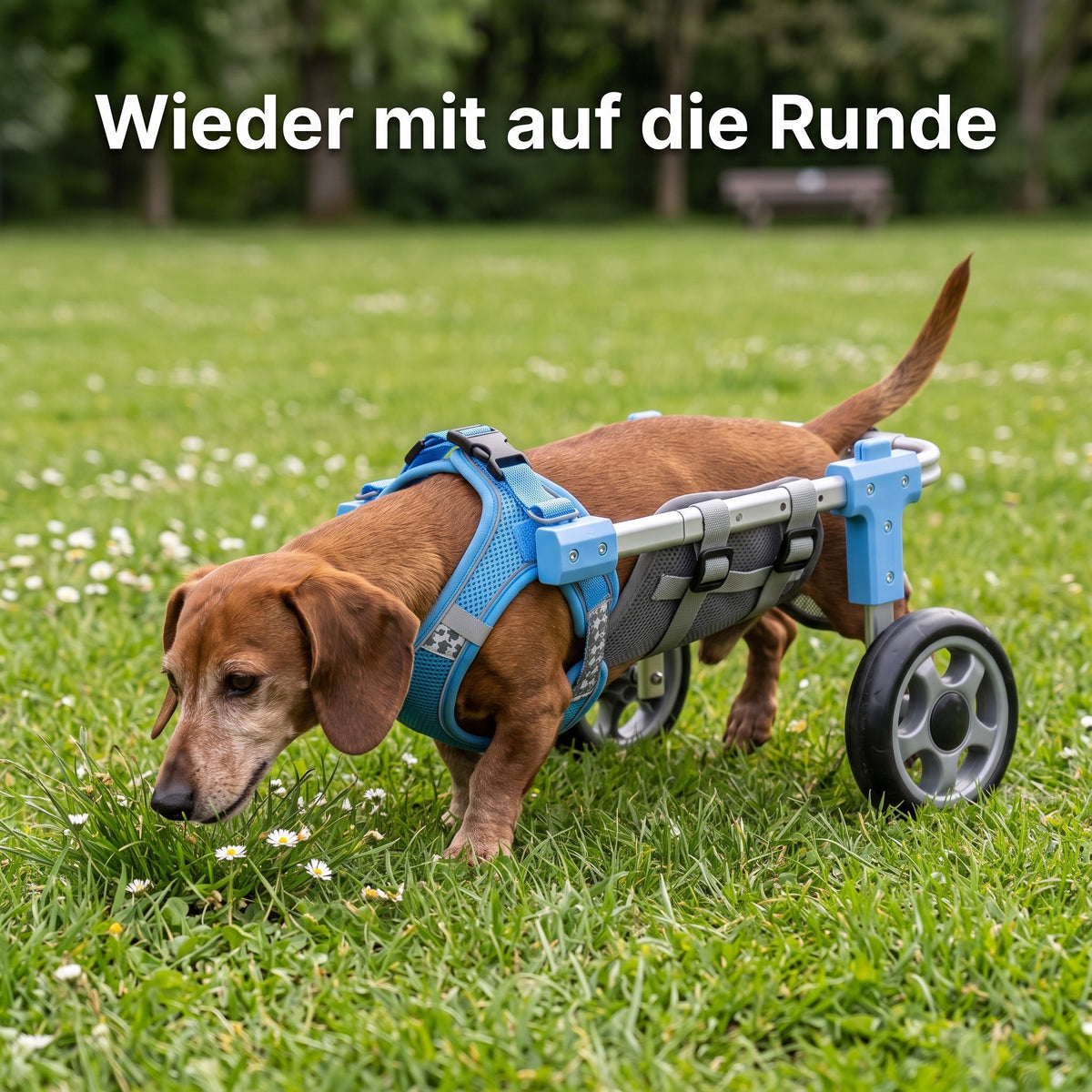 Dackel im Strider schnüffelt im Park an Gänseblümchen