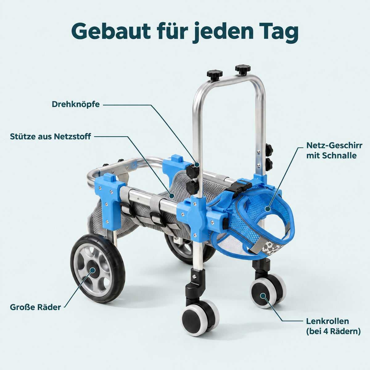 Details des Striders: Drehknöpfe, Netz-Geschirr, Netzstütze, Räder, Lenkrollen