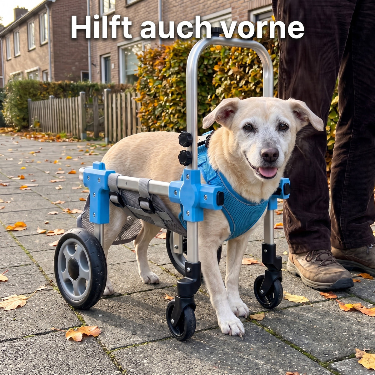 Ältere Hündin im Strider mit 4 Rädern auf dem Gehweg