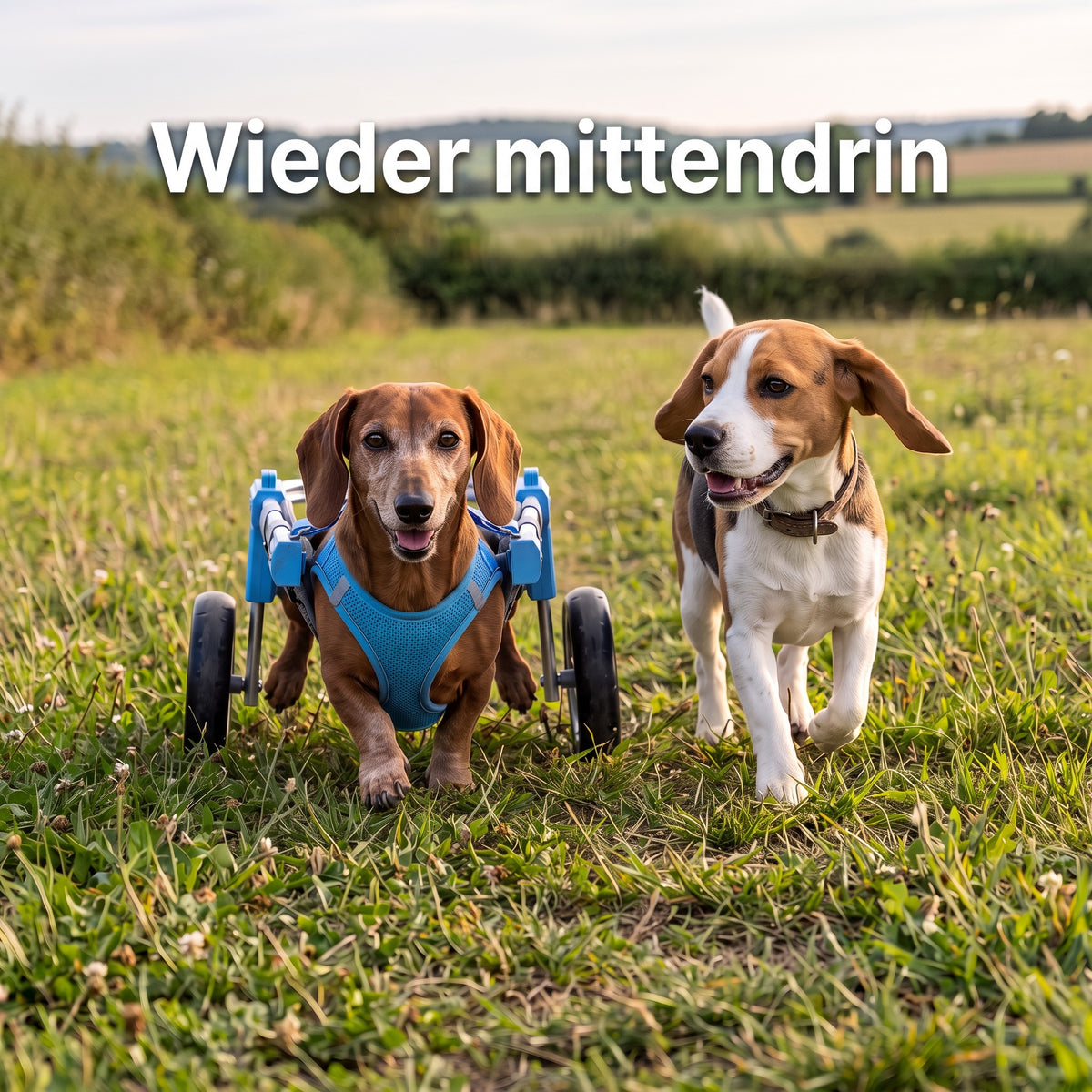 Dackel im Strider läuft mit einem Beagle über die Wiese