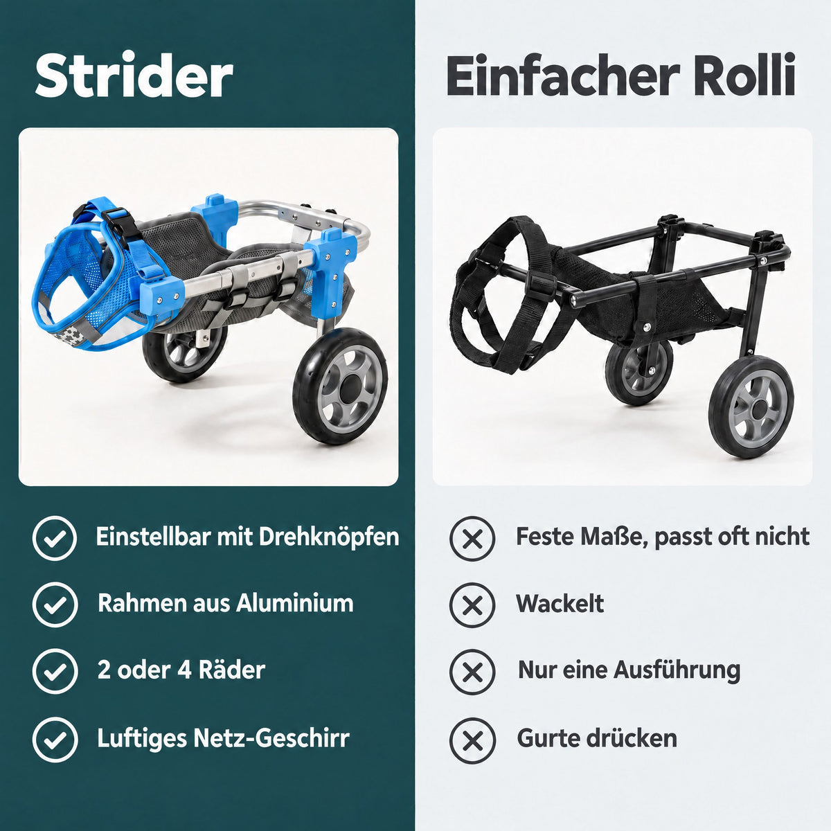 Vergleich Strider und einfacher Hunderollstuhl