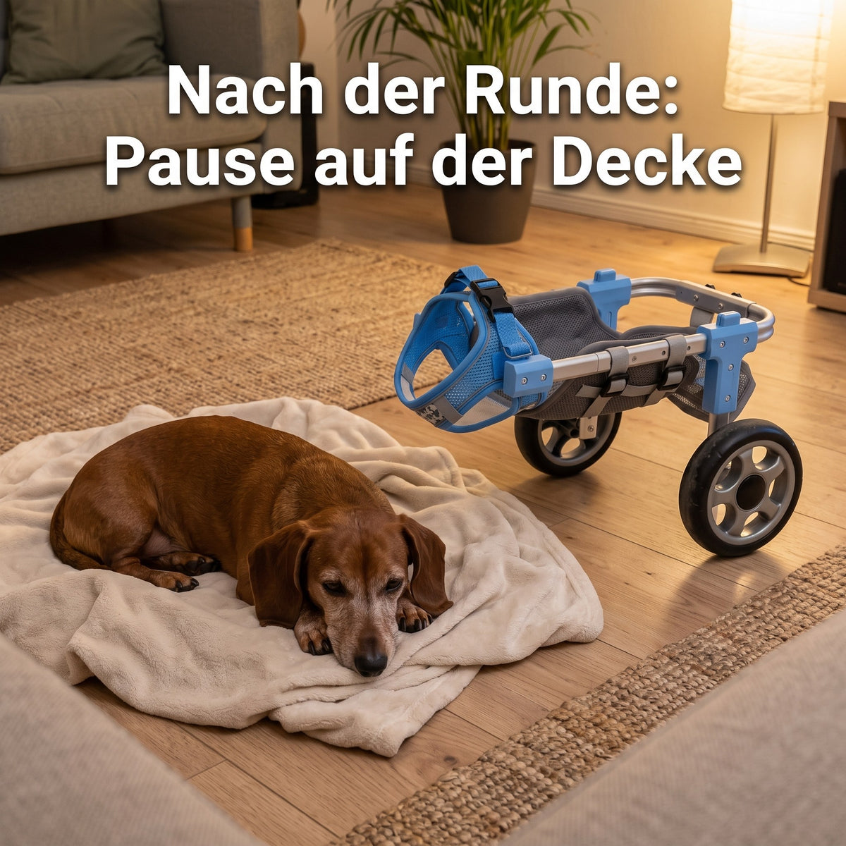 Dackel ruht auf seiner Decke, der Strider steht daneben