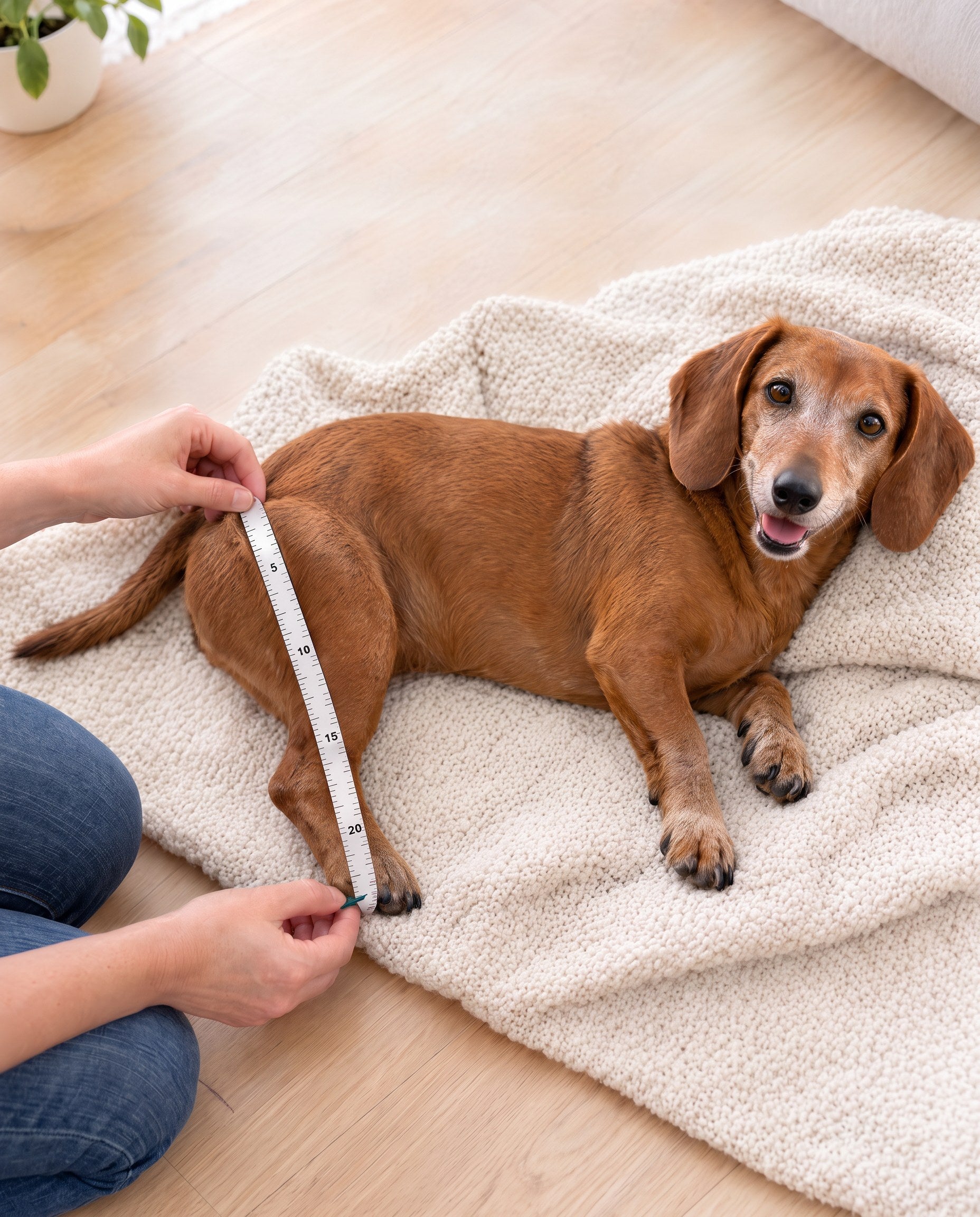 Hund liegt auf der Seite, ein Maßband misst die Höhe vom Hinterbein