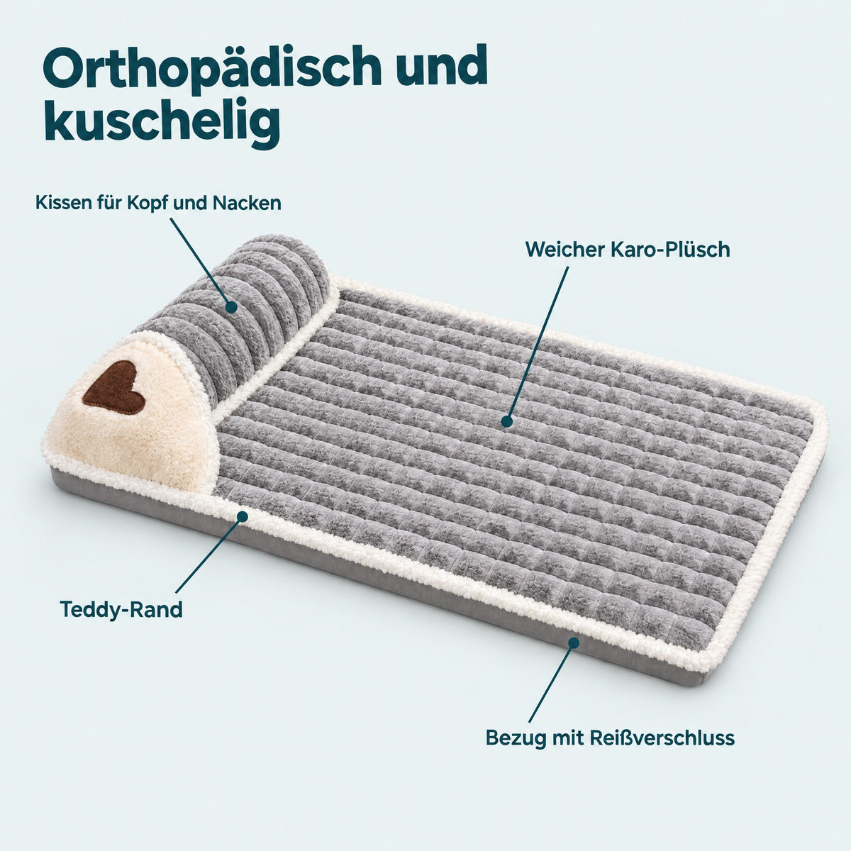 Lovypaw Nest im Detail: Kissen für Kopf und Nacken, Karo-Plüsch, Teddy-Rand, Bezug mit Reißverschluss