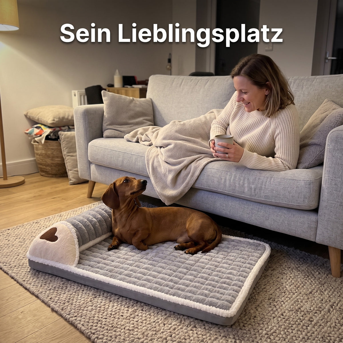 Dackel liegt im Lovypaw Nest neben dem Sofa, die Halterin trinkt Tee