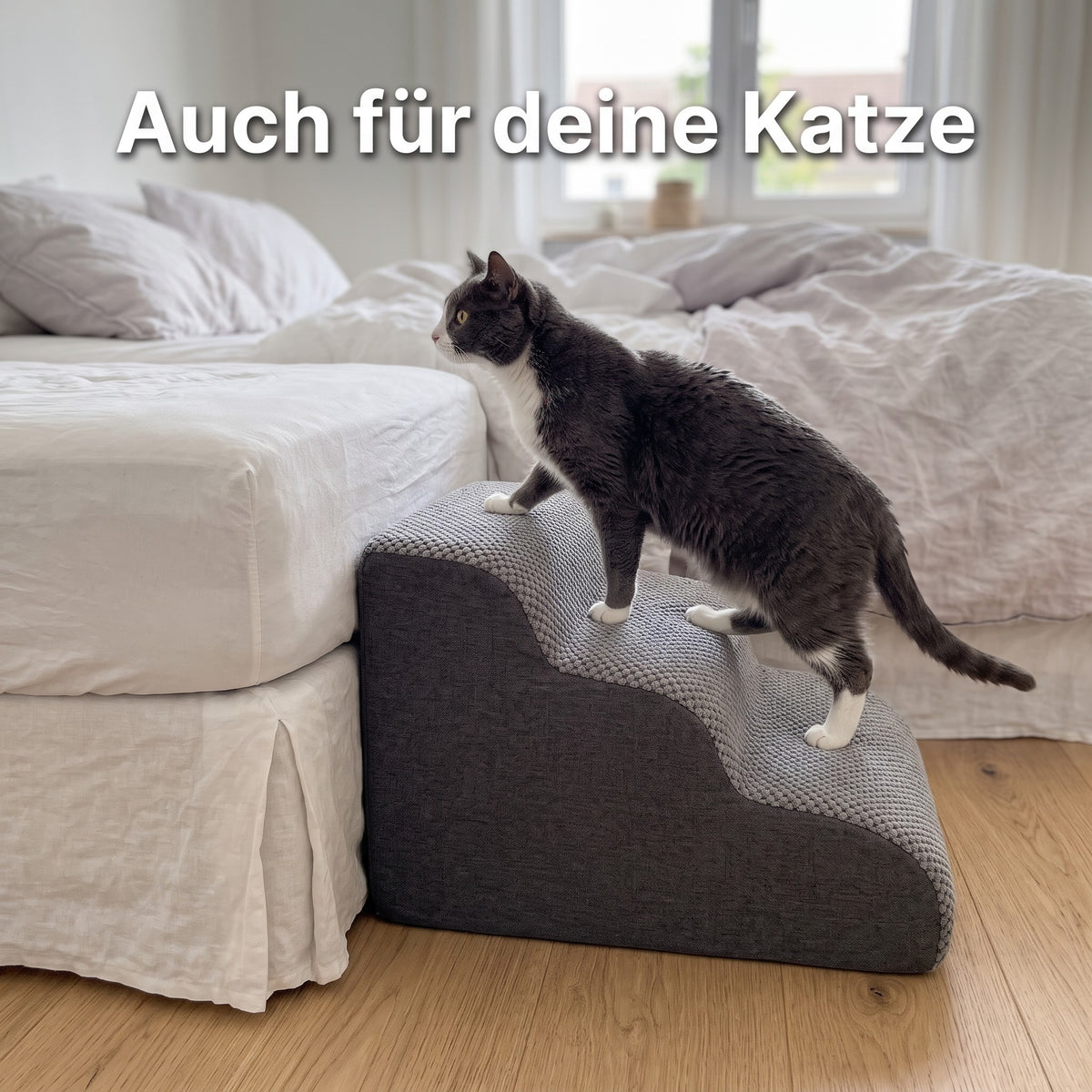 Katze steigt die Lovypaw Rise zum Bett hoch