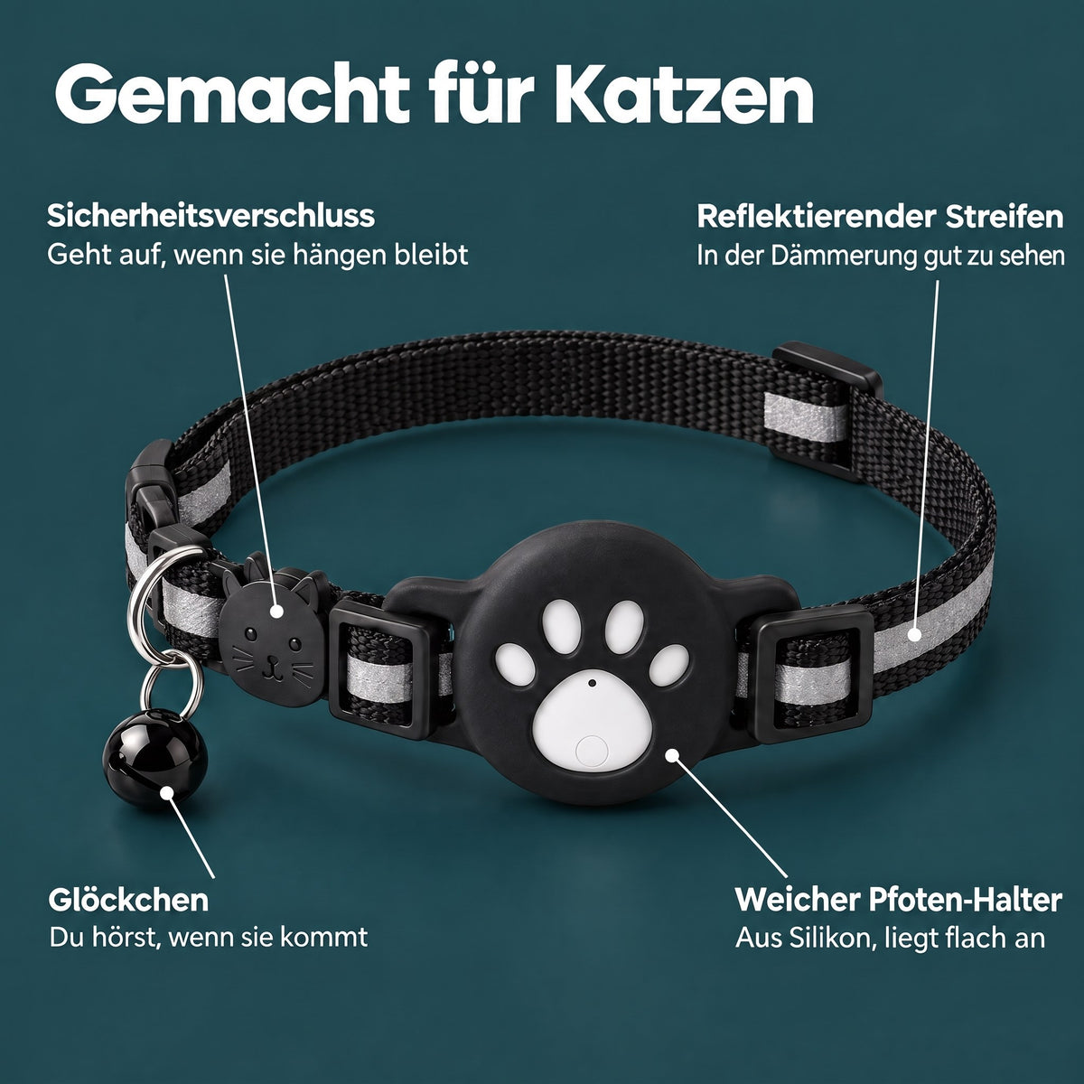 Details: Sicherheitsverschluss, Glöckchen, reflektierender Streifen, Pfoten-Halter
