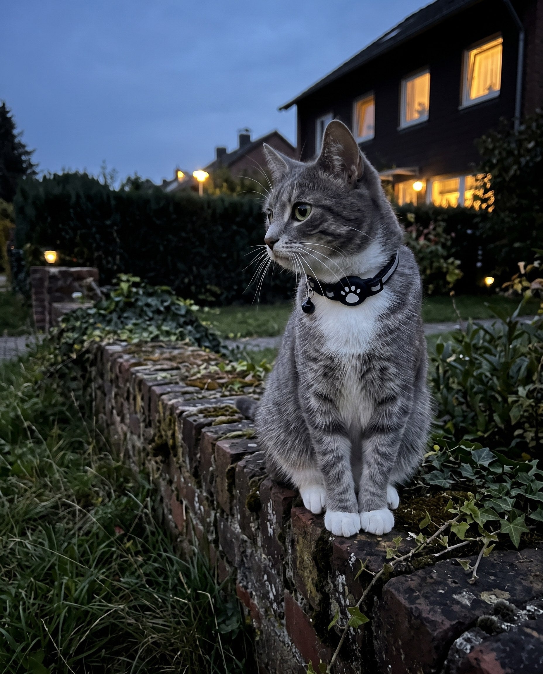 Katze draußen mit Prowl am Halsband