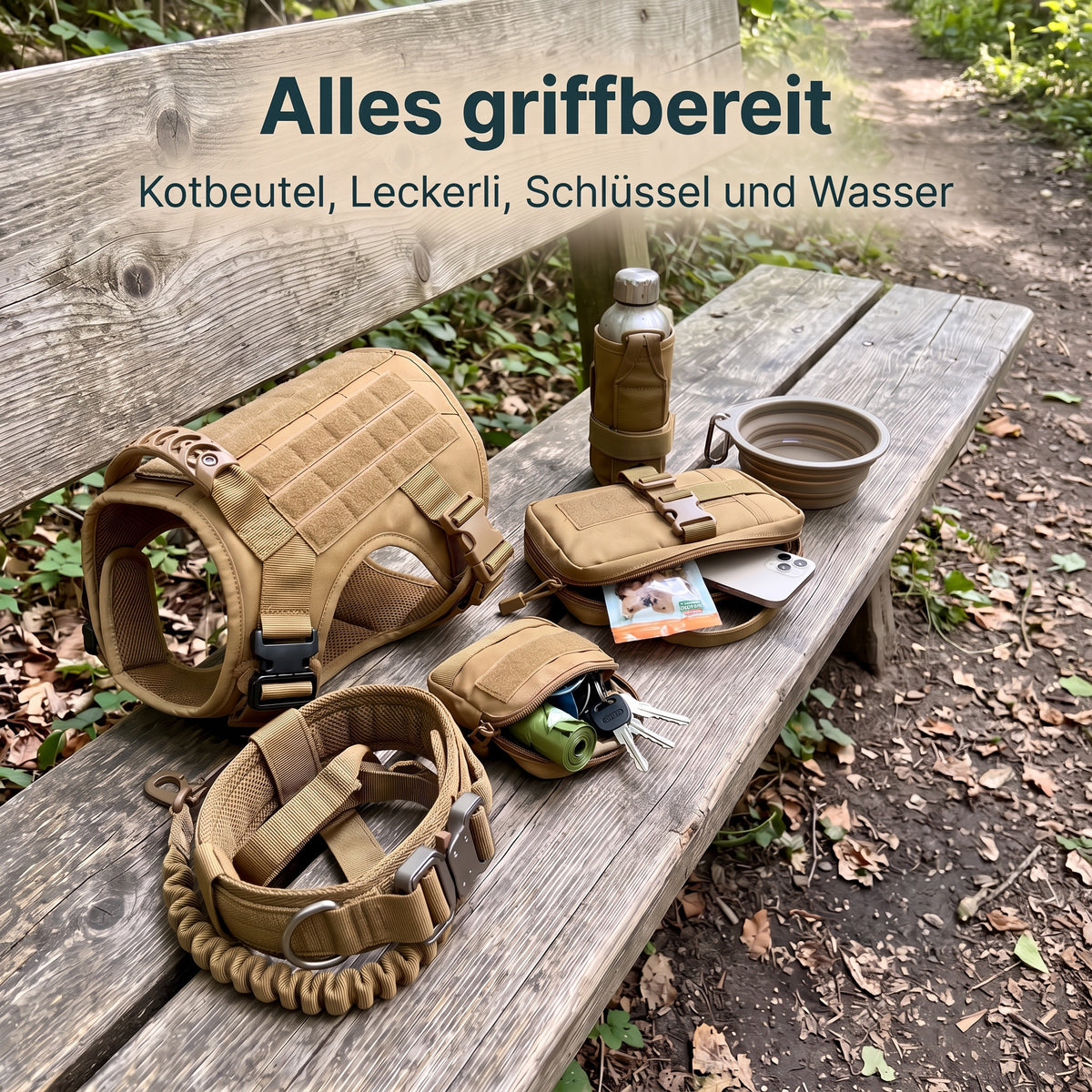 Taschen und Flaschenhalter für Kotbeutel, Leckerli, Schlüssel und Wasser